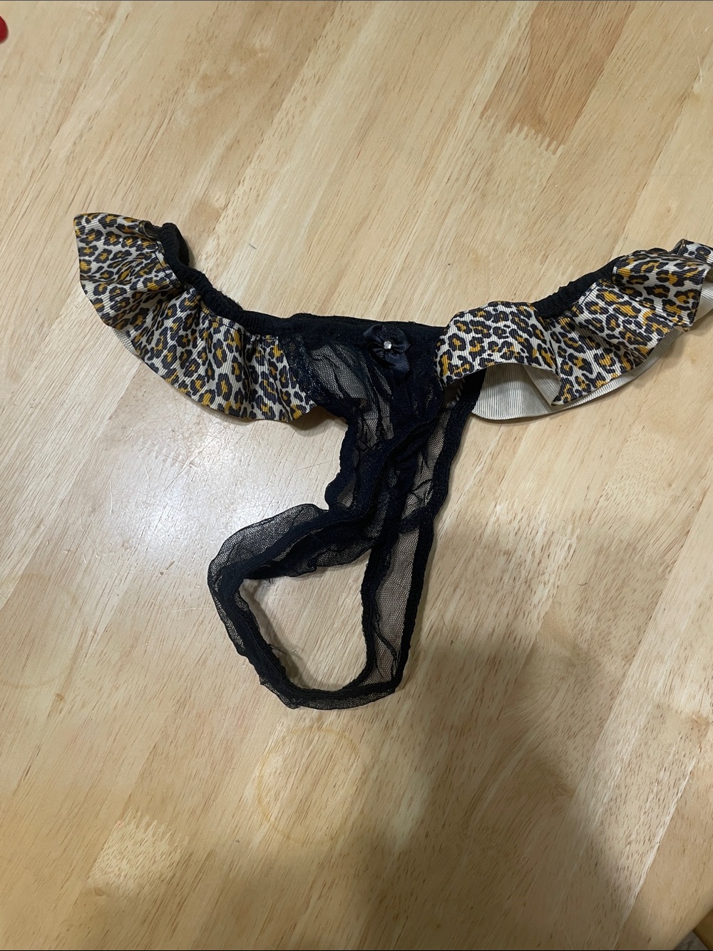 Black Sheer Lace Thong with Leopard-Print Ruffle